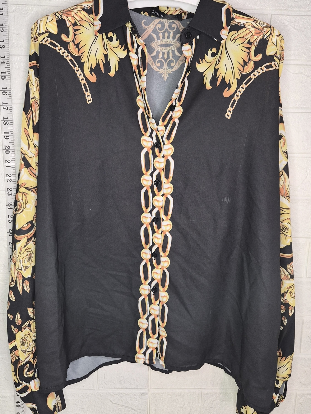 Baroque Print Blouse Size L women's cut button down sheer Gold and Black Unique